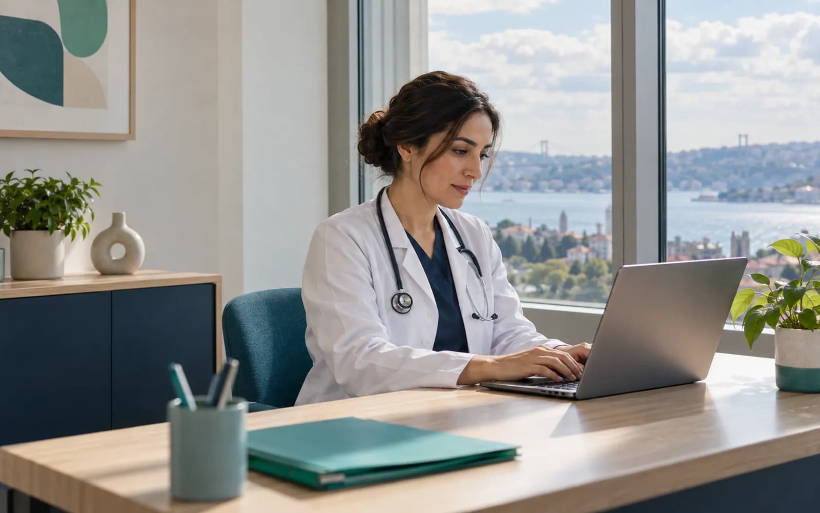 A physician working on a laptop at a sunlit clinic window seat, no servers in sight