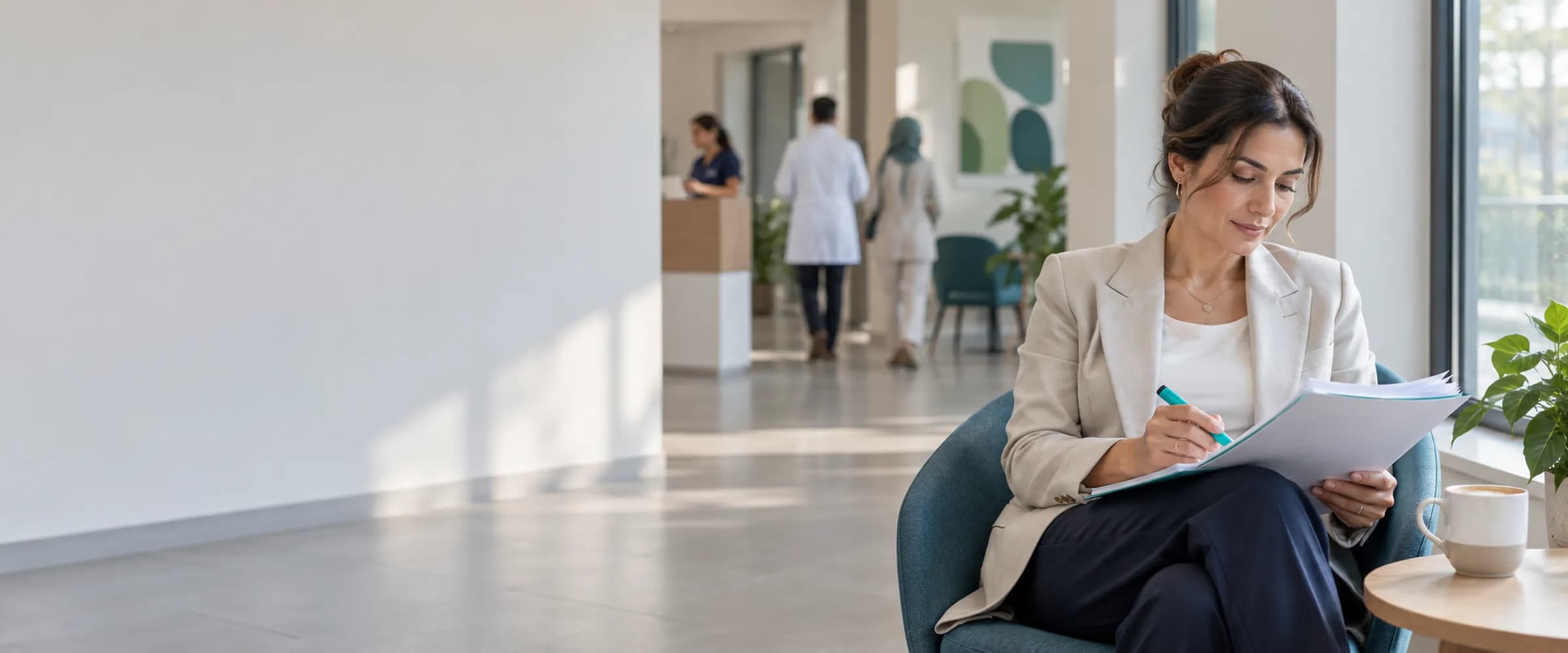 Pencere kenarında basılı rehberi okuyan, elinde turkuaz fosforlu kalem olan klinik yöneticisi