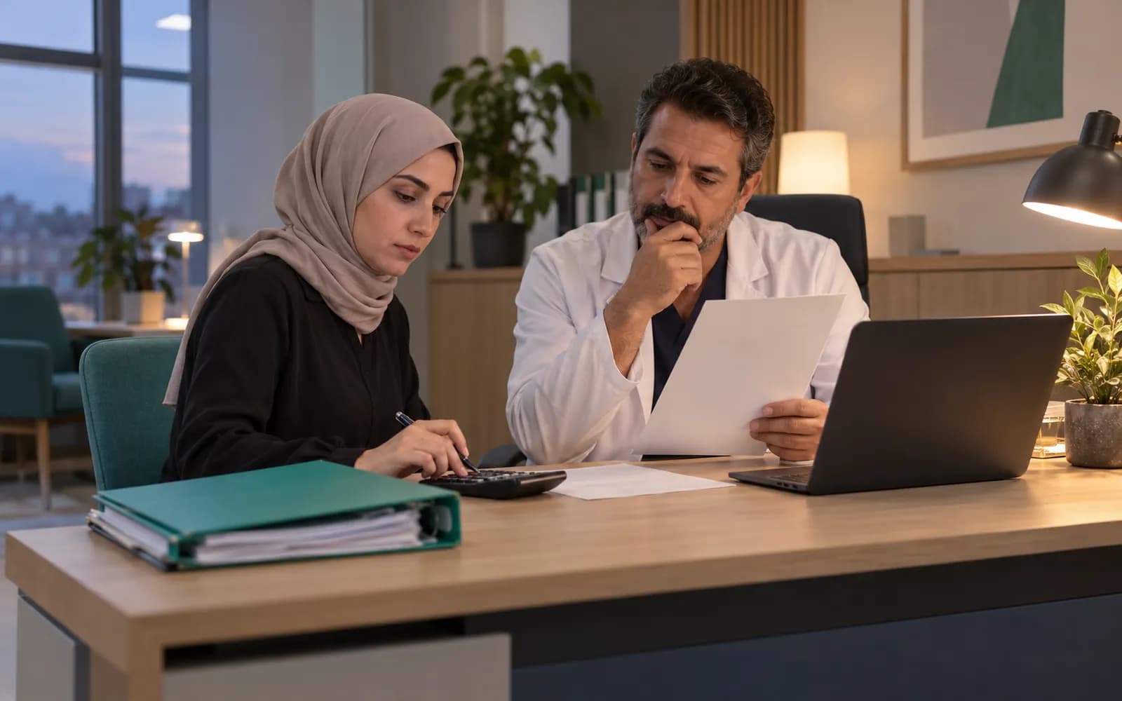 Akşam lambası altında hesap makinesi ve yüzü çevrilmiş basılı ekstre başında muhasebeci ile klinik sahibi.