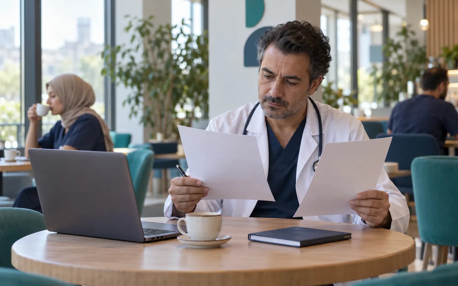 A physician at a café table comparing two printed sheets, pen hovering over them