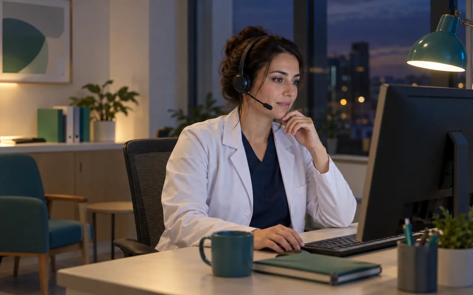 A physician in a headset before an angled monitor under a teal lamp