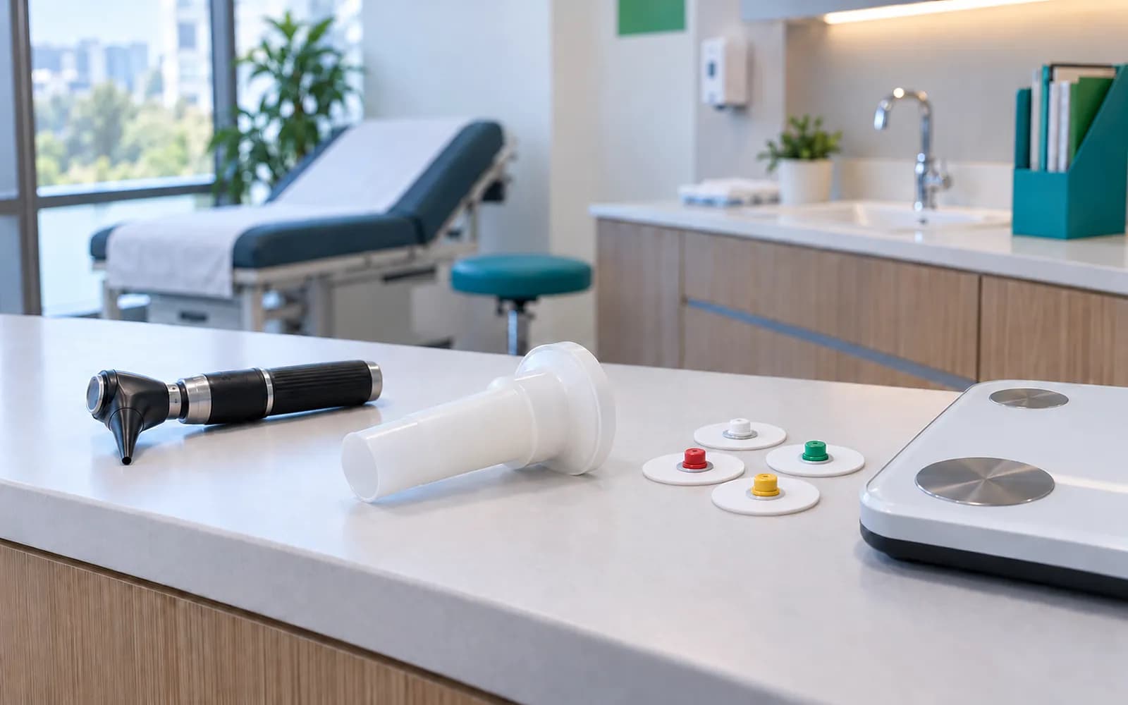 Tezgahta düzenli dizilmiş otoskop, spirometre ağızlığı ve EKG elektrotları