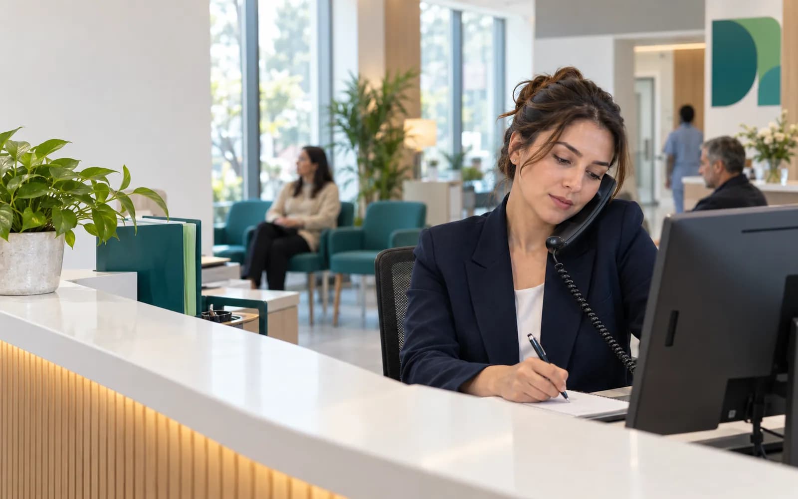 Ön büroda telefon ve ekranla mesaj durumlarını izleyen resepsiyon görevlisi