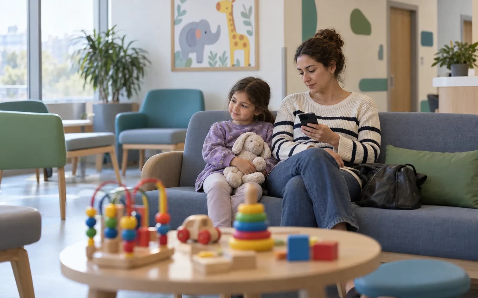 Çocuk bekleme salonunda telefonuna bakan ebeveyn ve arkada bulanık oyuncaklar.
