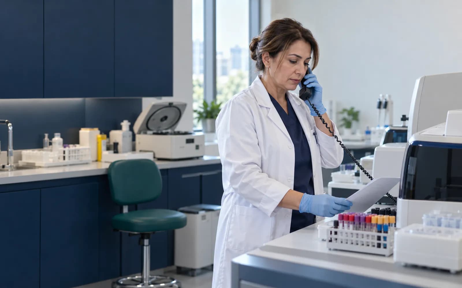 Analizörün yanında kritik bir değeri telefonla bildiren laboratuvar uzmanı