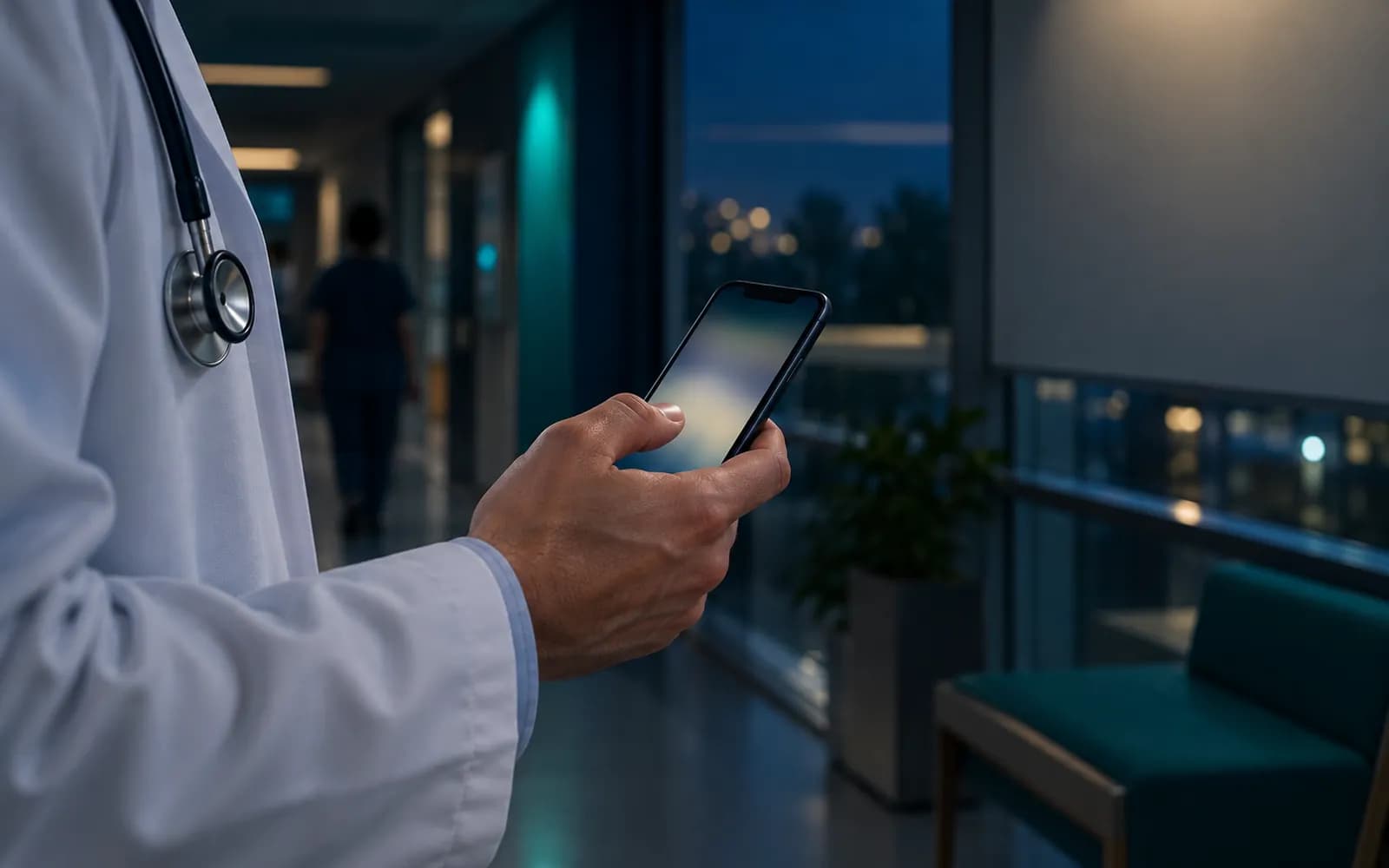 Hekimin pencere kenarında parmak iziyle telefonunun kilidini açan eli