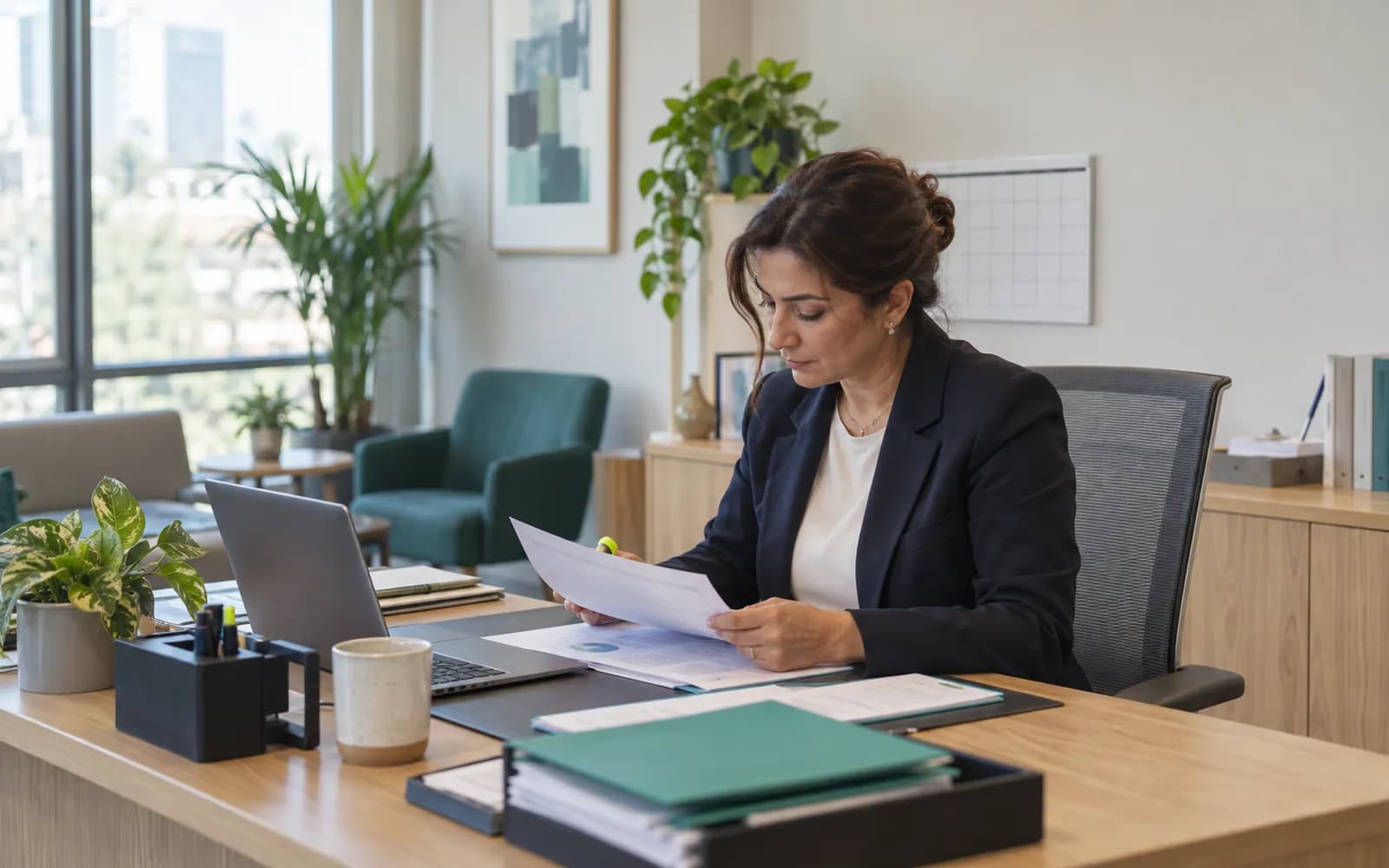 A clinic director reviewing a printed period report at her desk with a highlighter