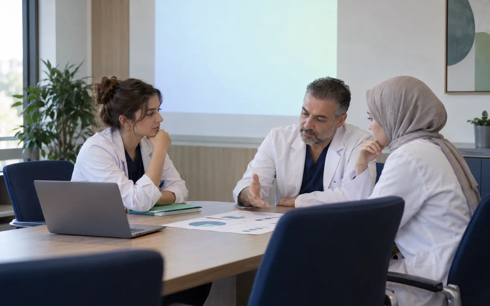 Three people around a table in a monthly review, with projector light on the wall