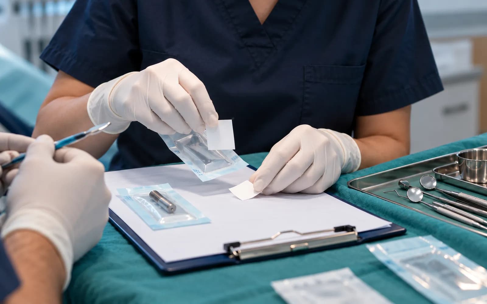 Hemşire, steril implant ambalajındaki lot etiketini hasta kayıt kartına yapıştırıyor