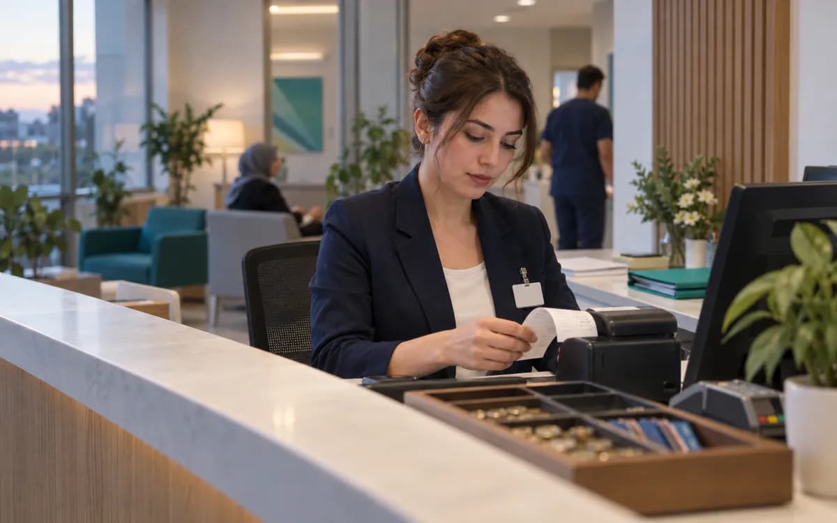 Gün sonunda kasayı kapatan klinik yöneticisi ve küçük fiş yazıcısı