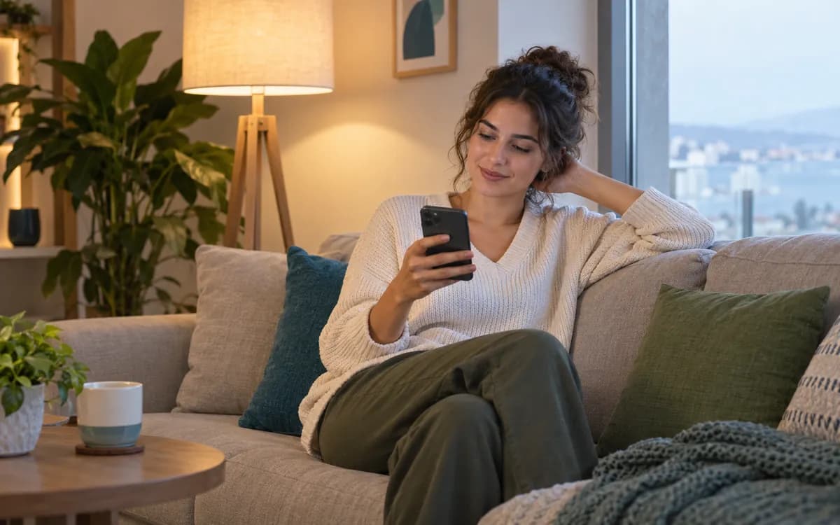 Evde kanepede oturup telefonuna bakan rahat görünümlü bir hasta