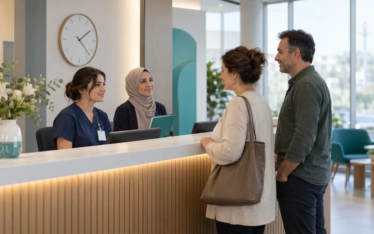 Resepsiyonda iki hastayı karşılayan klinik personeli ve turkuaz sandalyeler
