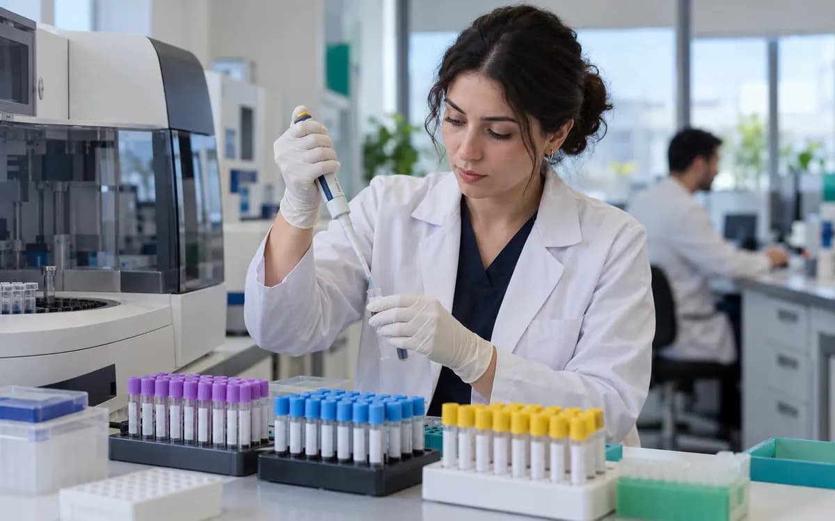 Laboratuvar tezgâhında numune tüplerine pipetle çalışan eldivenli teknisyen
