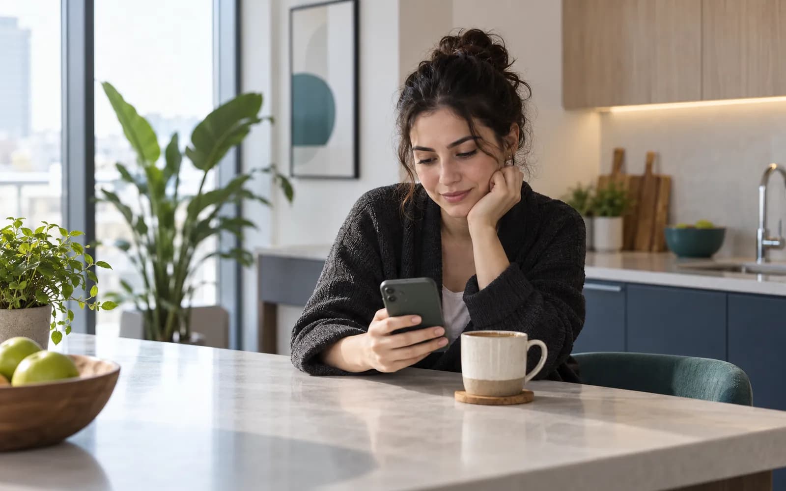 Sabah mutfak tezgâhında telefonundaki mesajı okuyan hasta (ekran okunmaz).