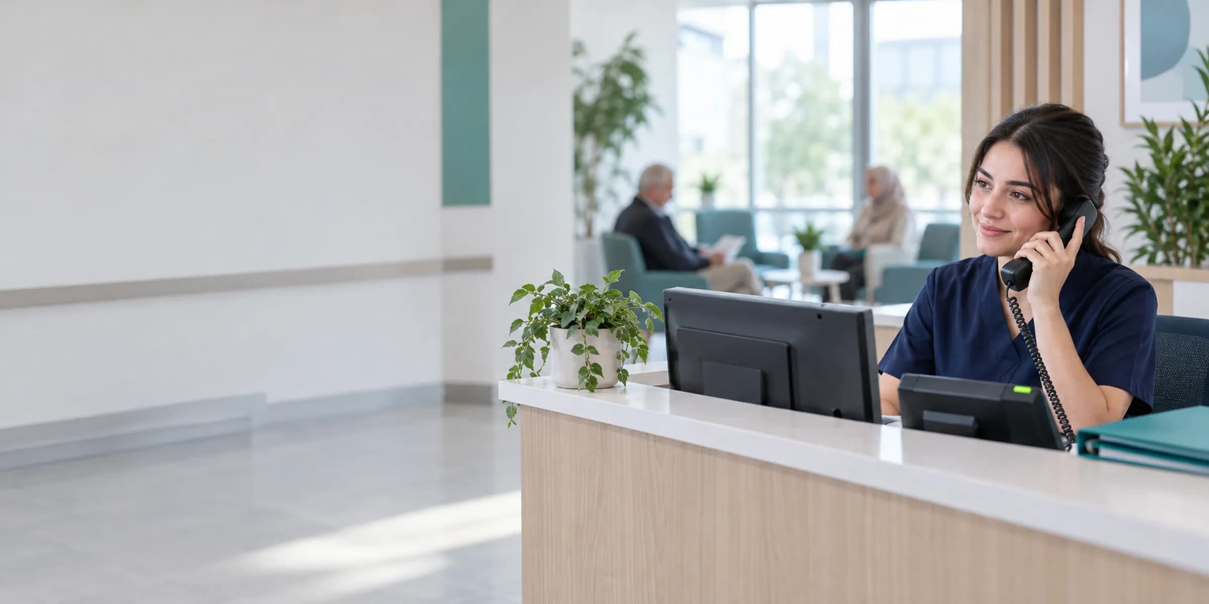 Masa telefonunda konuşan ön büro görevlisi; ikinci hat ışığı yanıp sönüyor.