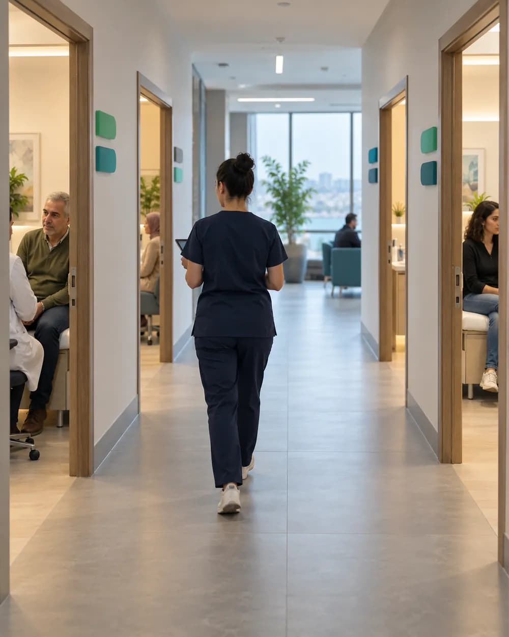 Birkaç kapısı aralık çok branşlı klinik koridorunda tablet taşıyan hemşire