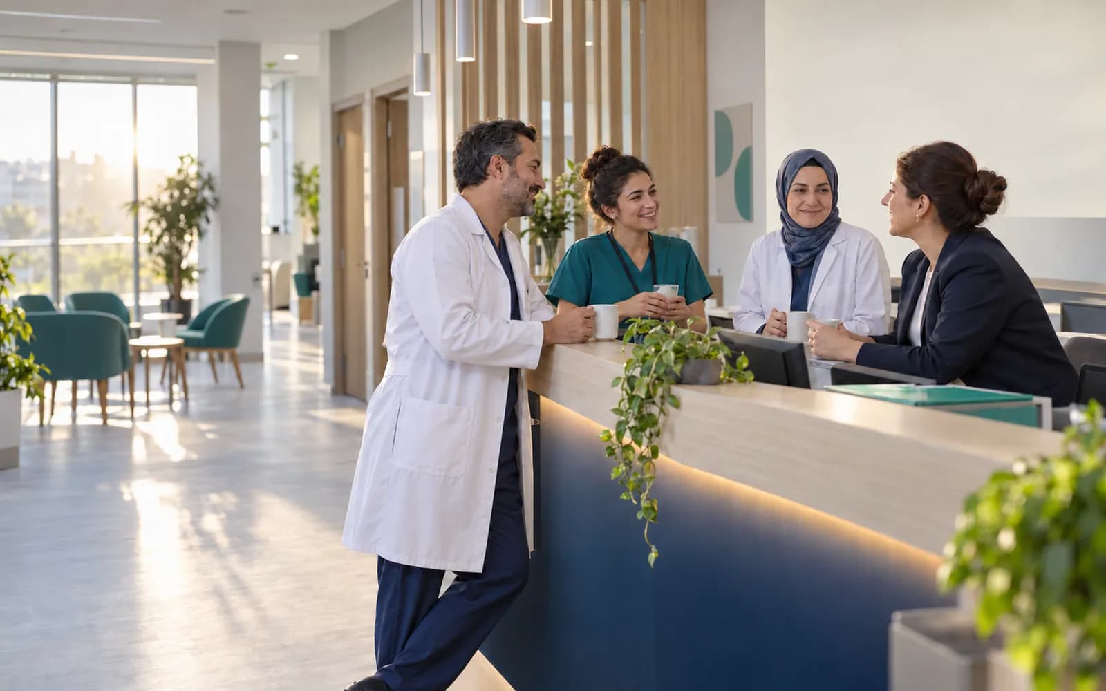 Klinik resepsiyonunda sabah toplantısında sohbet eden hekimler ve hemşireler