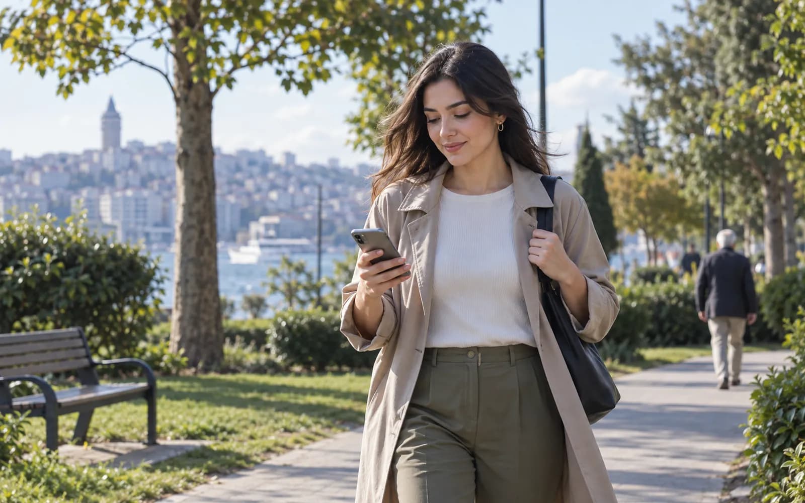 Parkta yürürken telefonundan randevu alan hasta, arkada yumuşak şehir manzarası