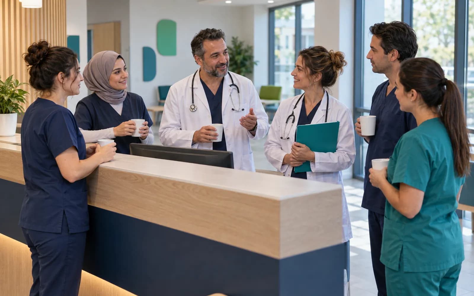 Resepsiyonda sabah toplantısı yapan, elinde kahveler olan altı kişilik klinik ekibi