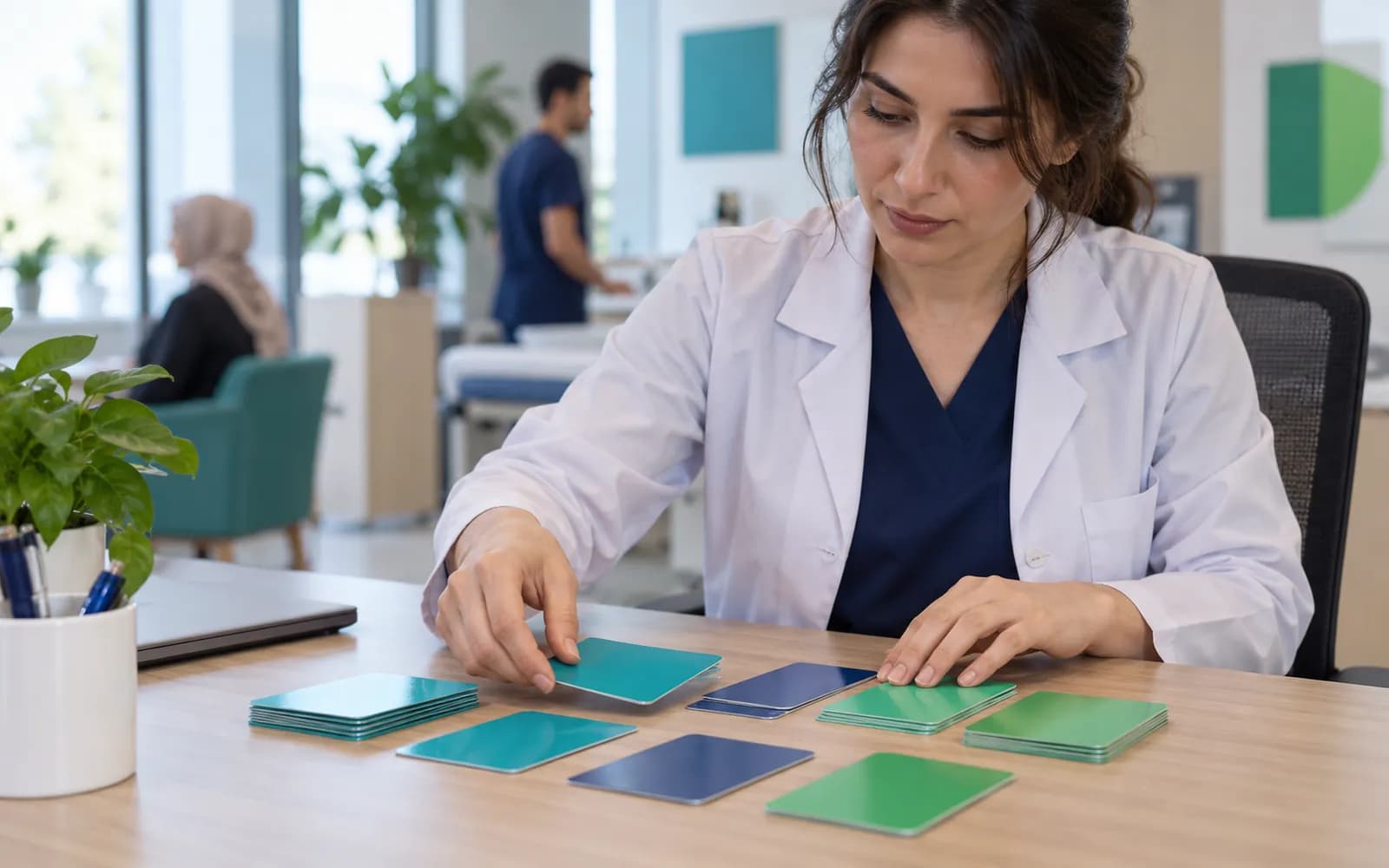 Bir klinisyenin masada renk kodlu boş protokol kartlarını düzenleyen elleri.