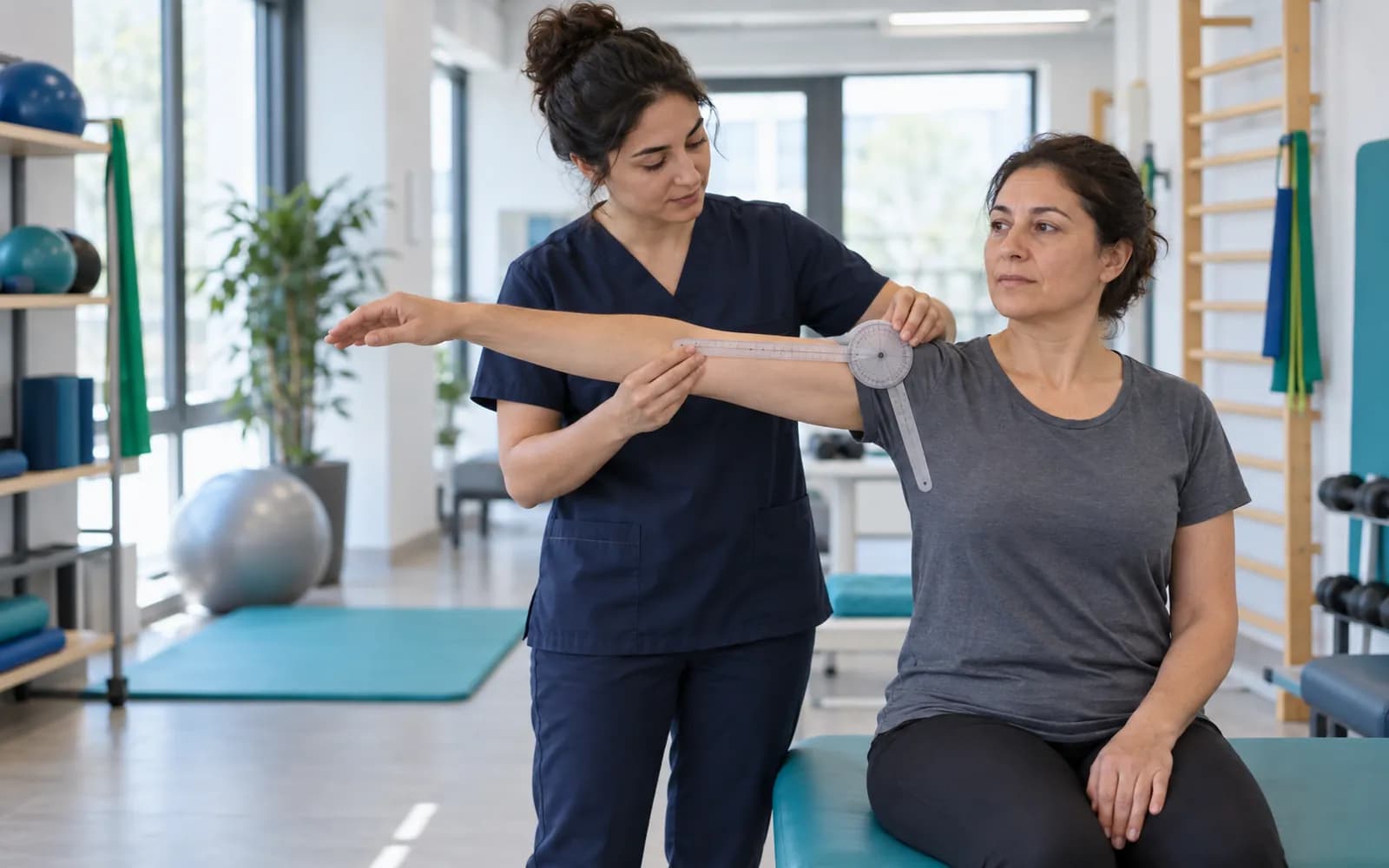 Bir fizyoterapist, turkuaz minderli rehabilitasyon salonunda hastanın omuz hareket açıklığı egzersizini gonyometreyle yönlendiriyor.