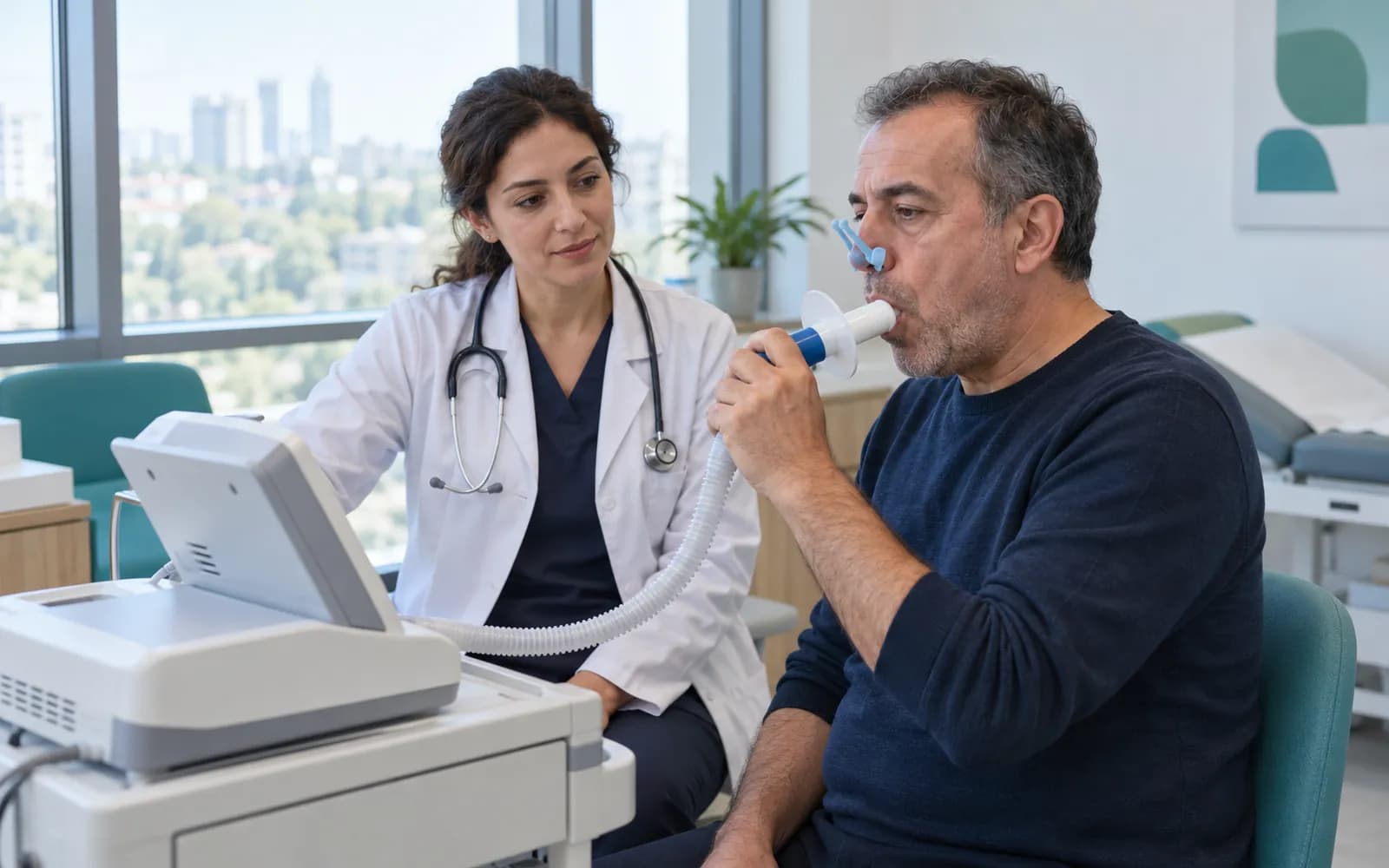 Bir göğüs hastalıkları uzmanı, ağızlığı tutan hastaya spirometri testinde eşlik ediyor; cihaz ekranı çevrilmiş, gün ışığı.