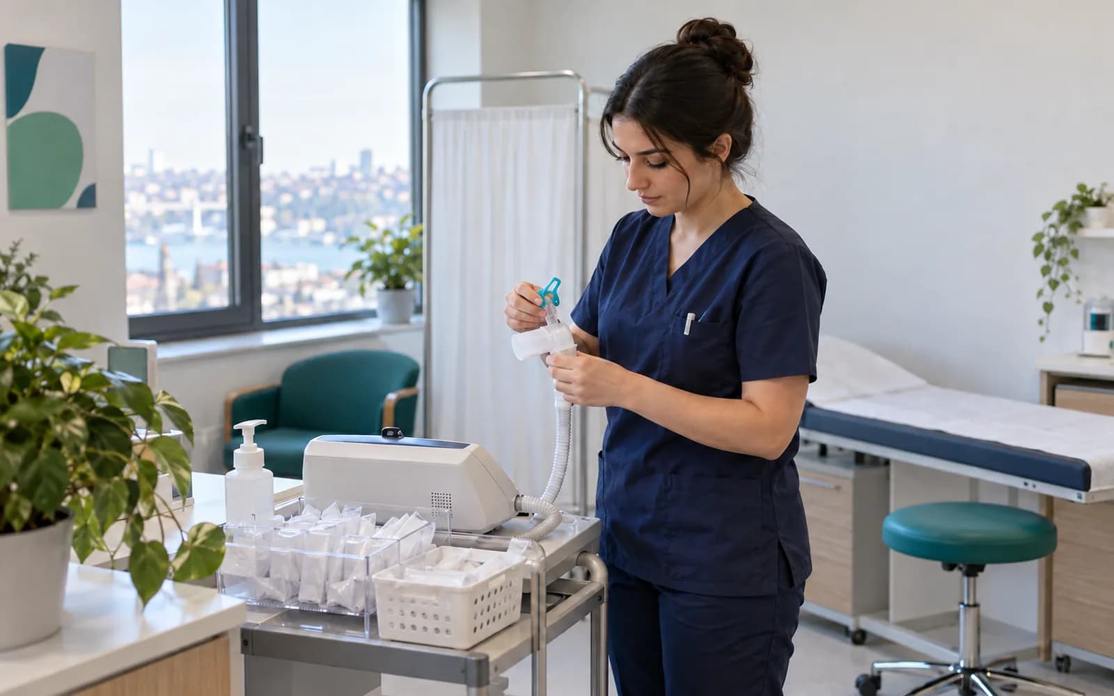 Spirometri köşesinde tek kullanımlık ağızlıklar ve burun klipsi tepsisiyle cihaz; hemşire hazırlık yapıyor.