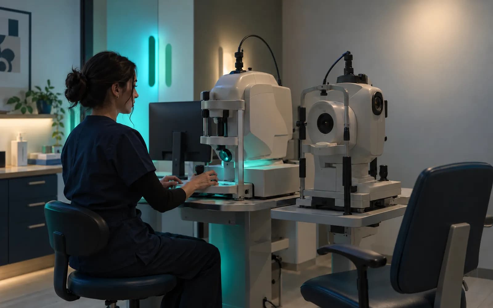 Loş bir muayene odasında OCT ve fundus kamerası; teknisyen konsolun başında oturuyor.