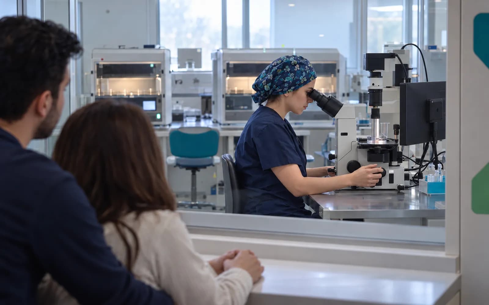 Embriyoloji laboratuvarı penceresinden ters mikroskop başındaki embriyolog; arkada kuluçka makineleri, önde bulanık bir çiftin elleri