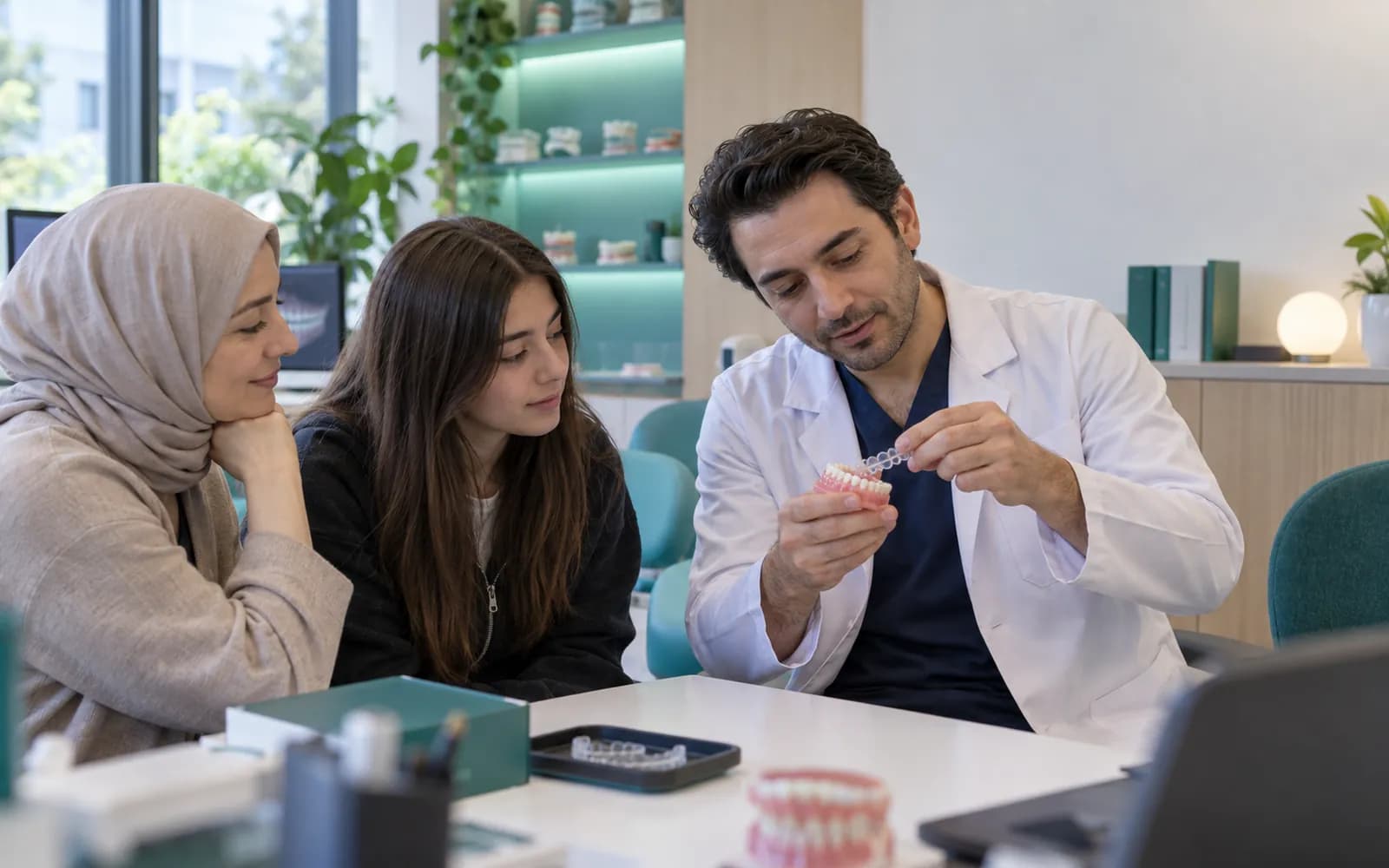 Ortodontist, genç hasta ve ebeveyni izlerken şeffaf plağın model üzerindeki oturuşunu kontrol ediyor.