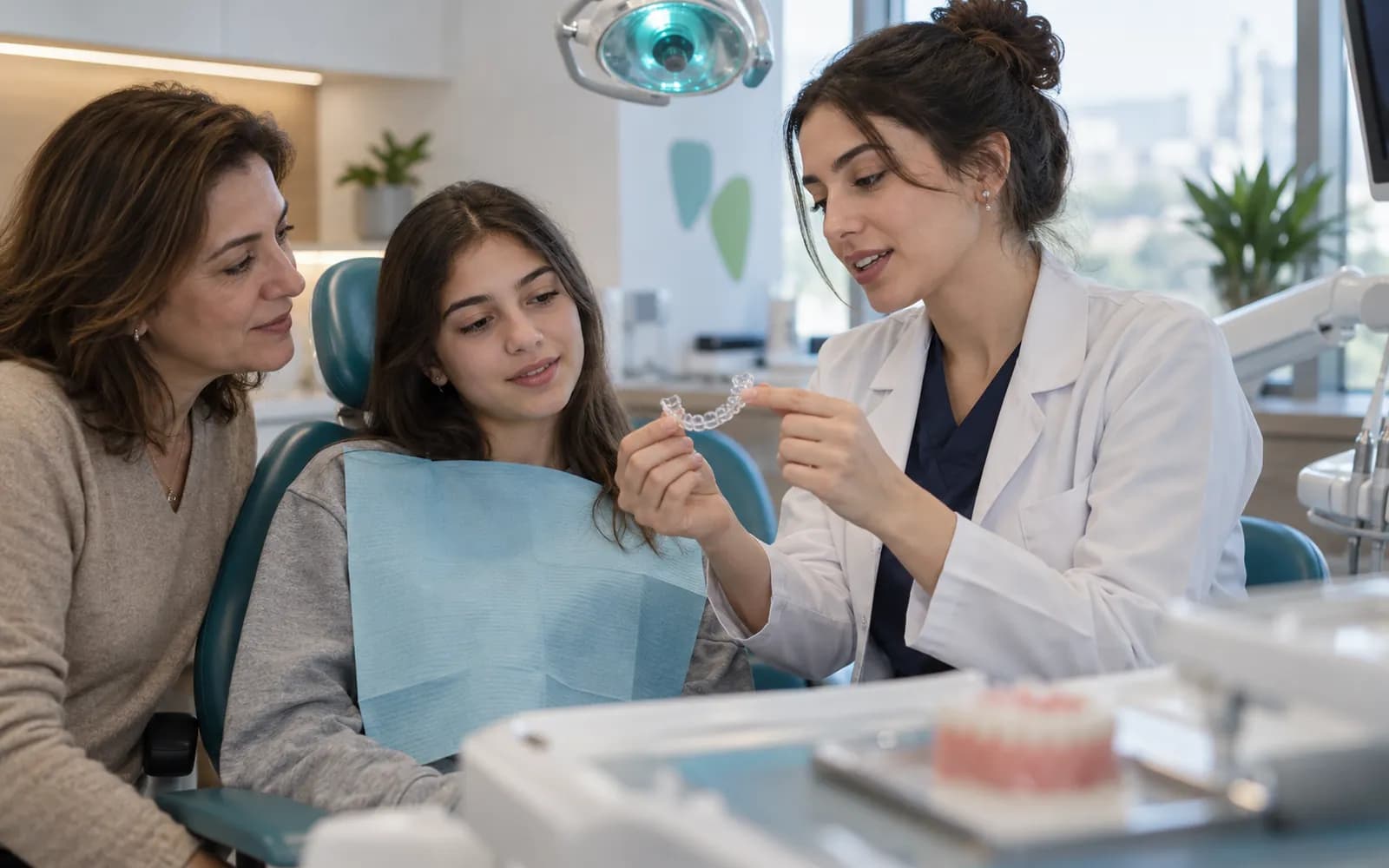 Ergen bir hastaya ve velisine şeffaf aligner kalıbını gösteren ortodontist; arkada bulanık üç boyutlu baskı model