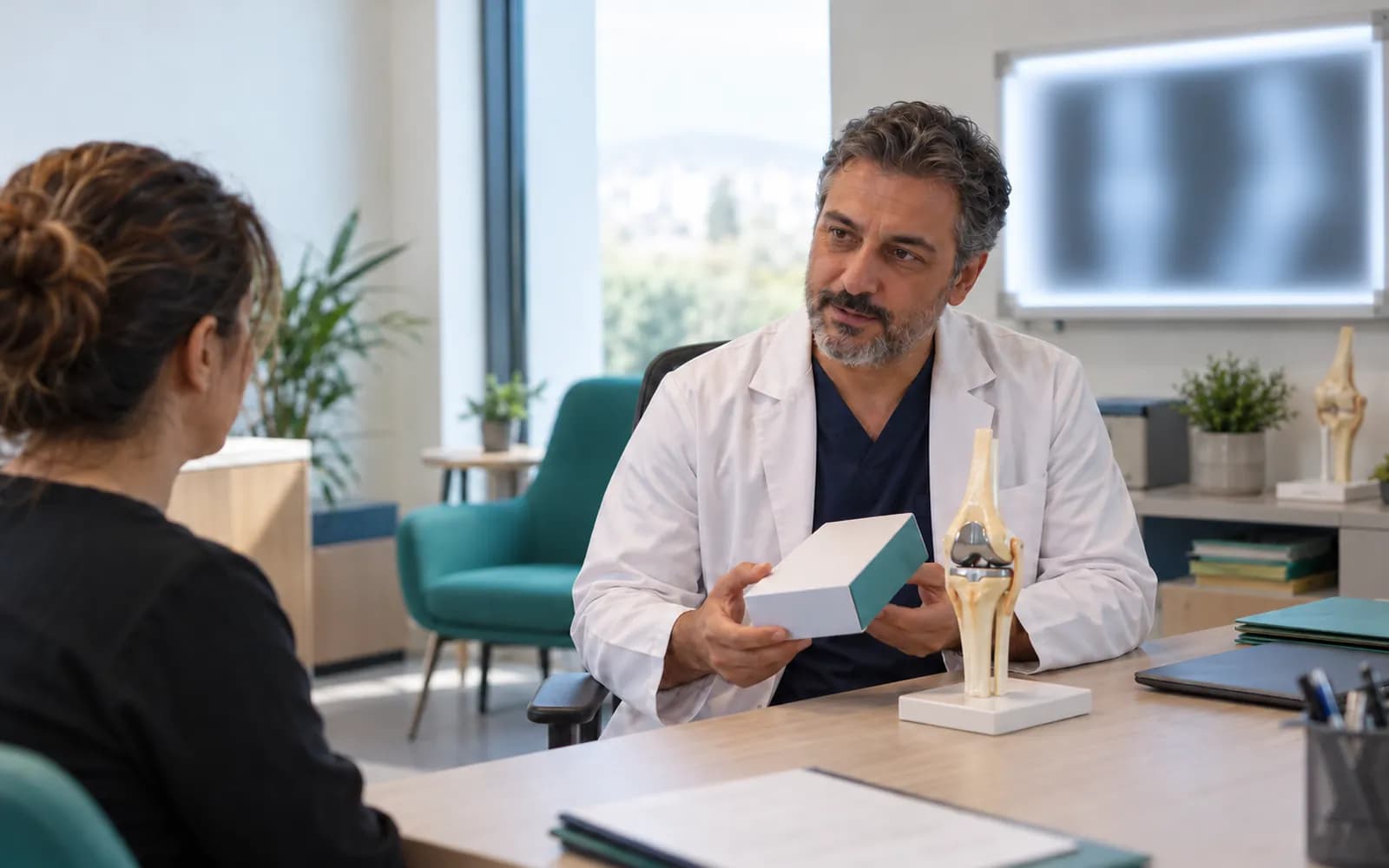Ortopedi cerrahı, masada diz modelinin yanında mühürlü bir implant kutusunu tutuyor.