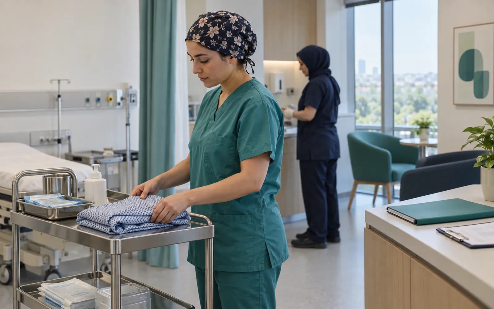 Ameliyat öncesi hazırlık alanında arabanın üzerinde katlanmış önlük, kapalı onam dosyası ve yazı tahtası.
