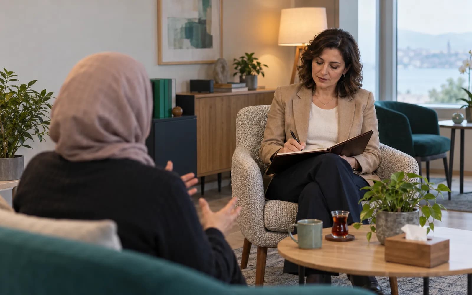 Psikiyatrist, arkası dönük hastayı dinlerken deri bir dosyaya elle not alıyor.