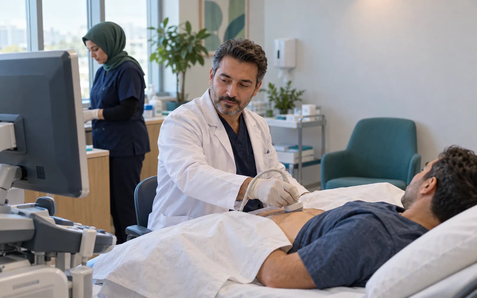 Üroloji uzmanı, örtülü hastanın alt karnında ultrason probunu gezdiriyor.