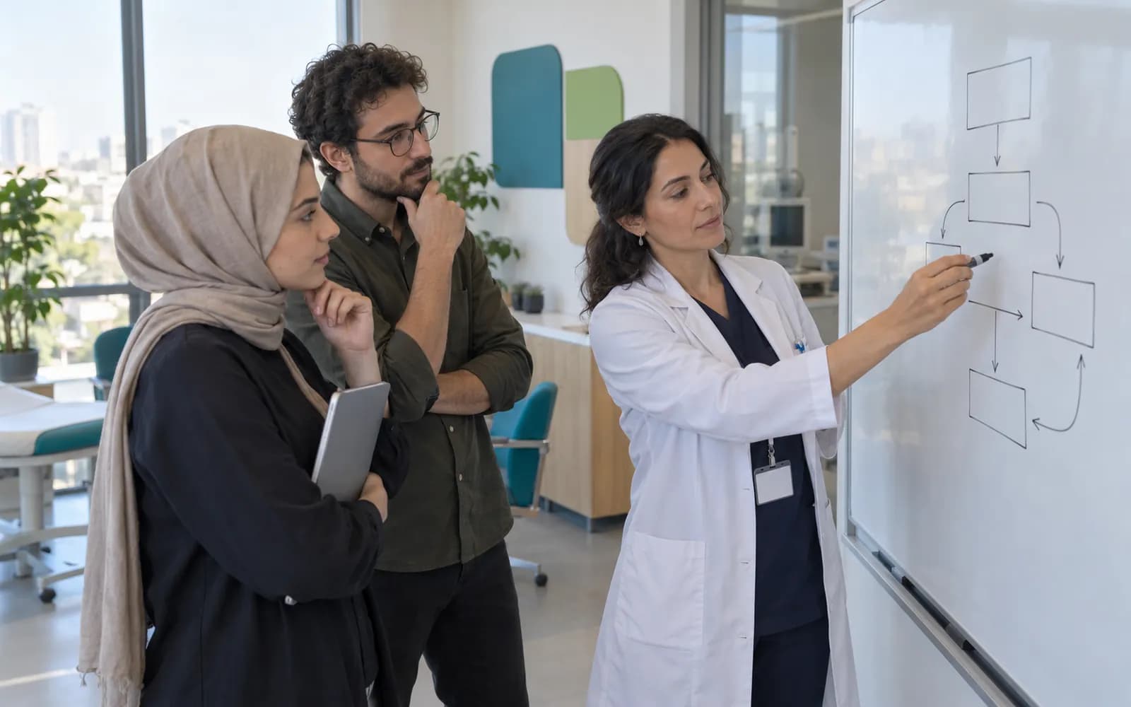 Mühendisler ve bir klinik danışman, beyaz tahtada iş akışı çiziyor.