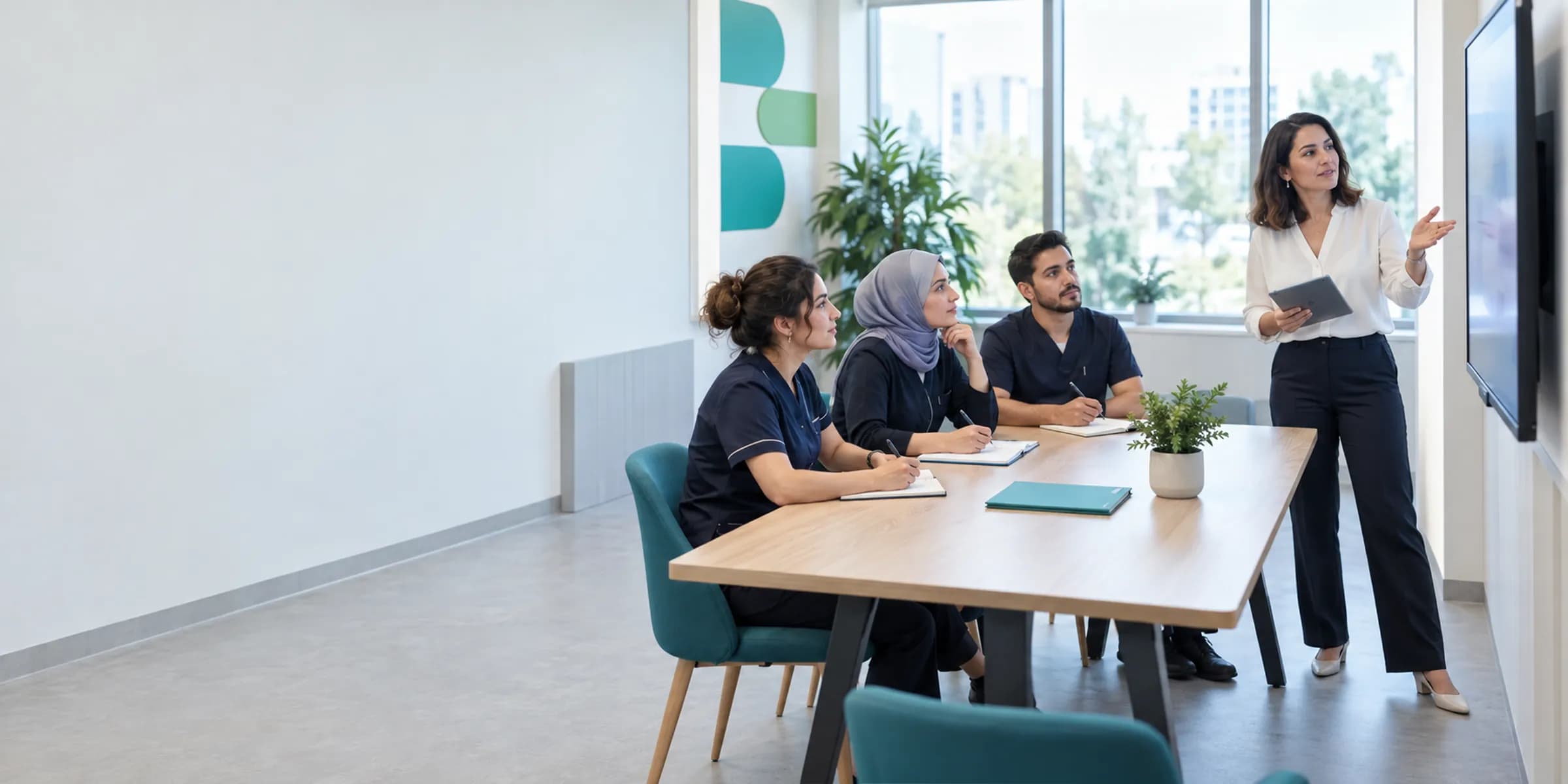 Ekranı başka yöne bakan bir eğitmen, ön büro çalışanlarına defterleriyle eğitim veriyor.