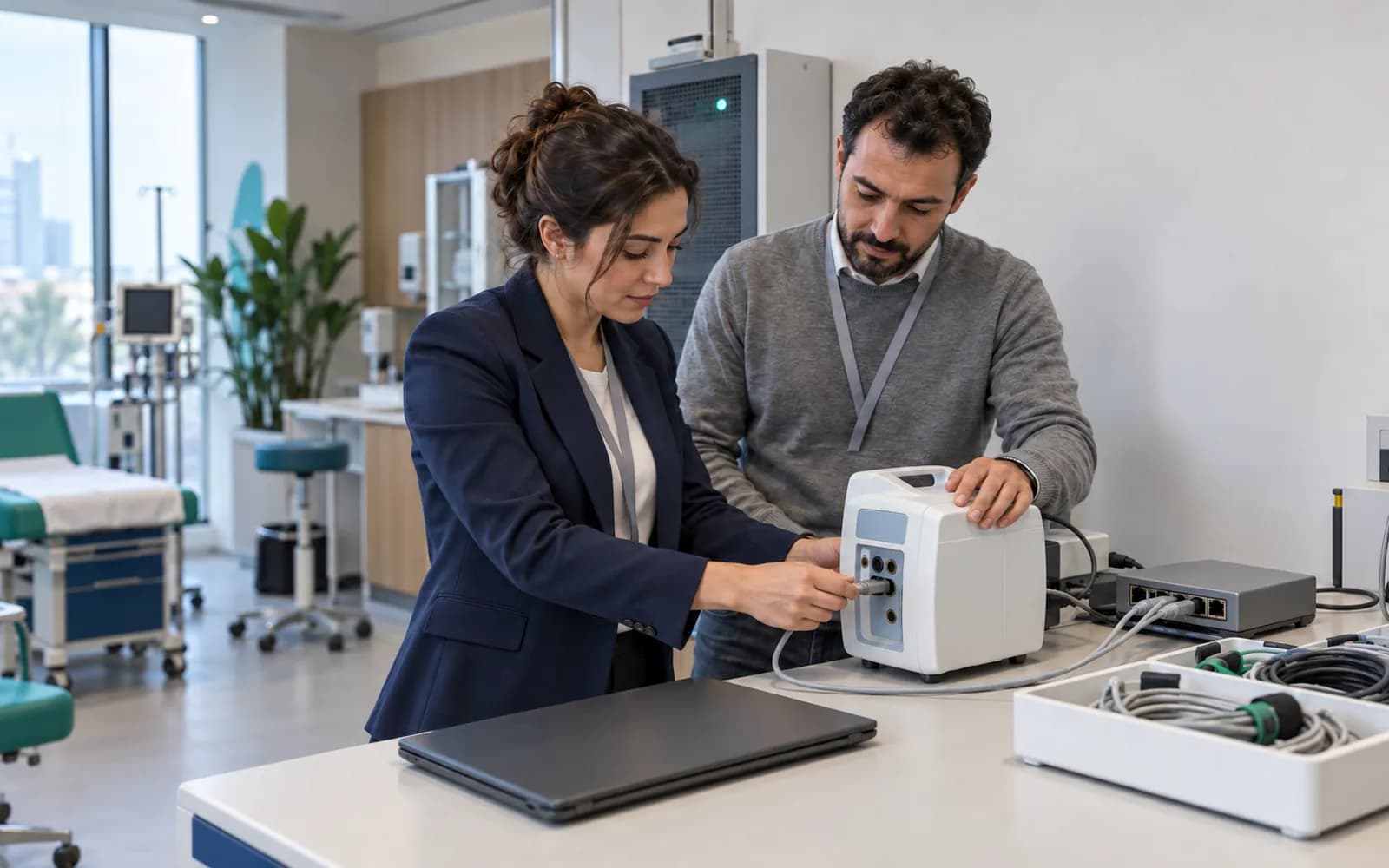 İki mühendis, kliniğin teknik odasında bir test tezgâhında tıbbi cihazı ağ kutusuna bağlıyor.