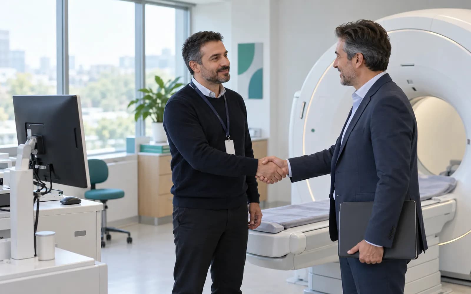 Bir cihaz üreticisi temsilcisi ile klinik BT sorumlusu, görüntüleme cihazının yanında el sıkışıyor.