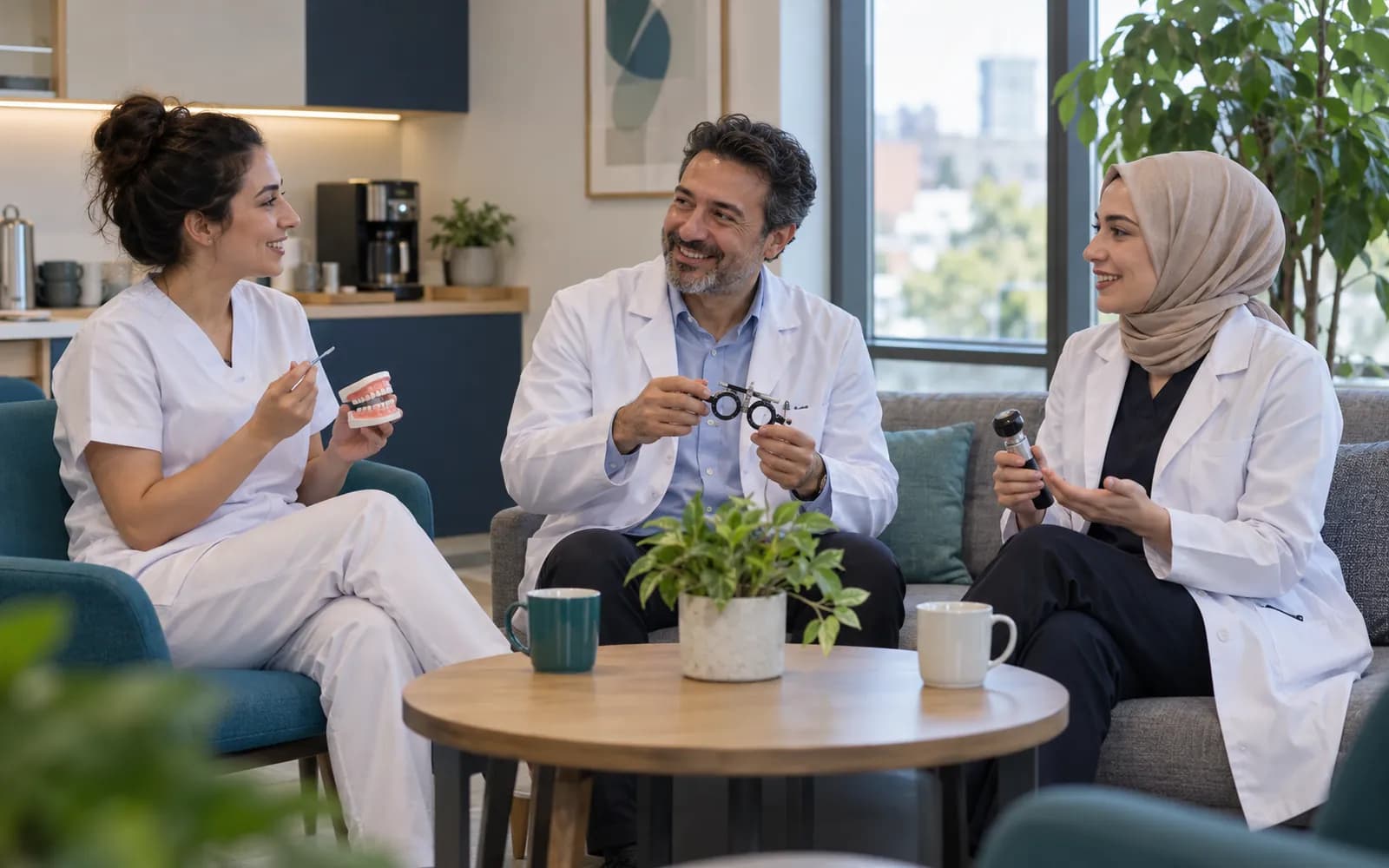 Personel dinlenme odasında sohbet eden diş hekimi, göz doktoru ve dermatolog