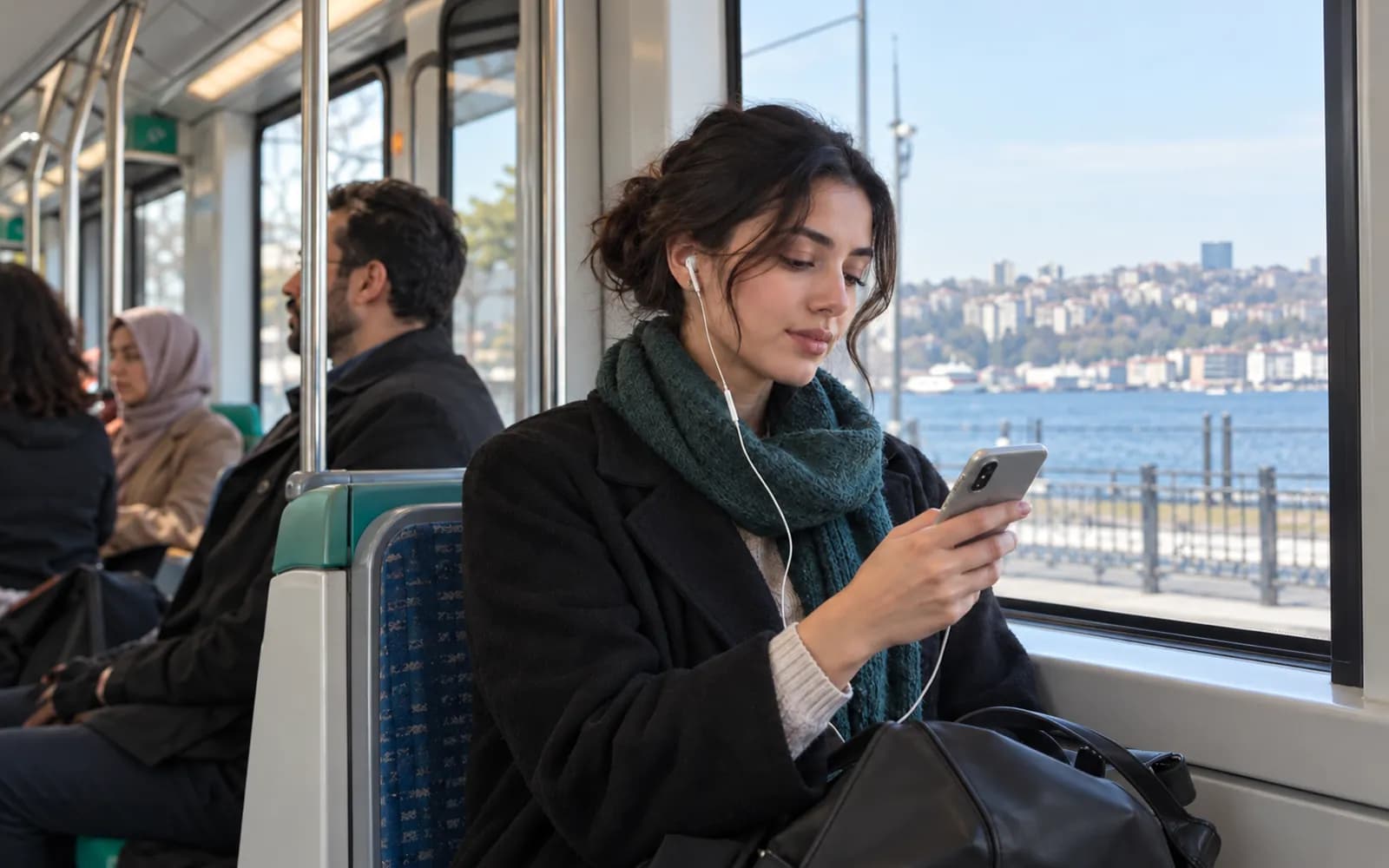 Tramvayda kulaklıkla telefonuna bakan genç hasta; ekran okunmuyor.