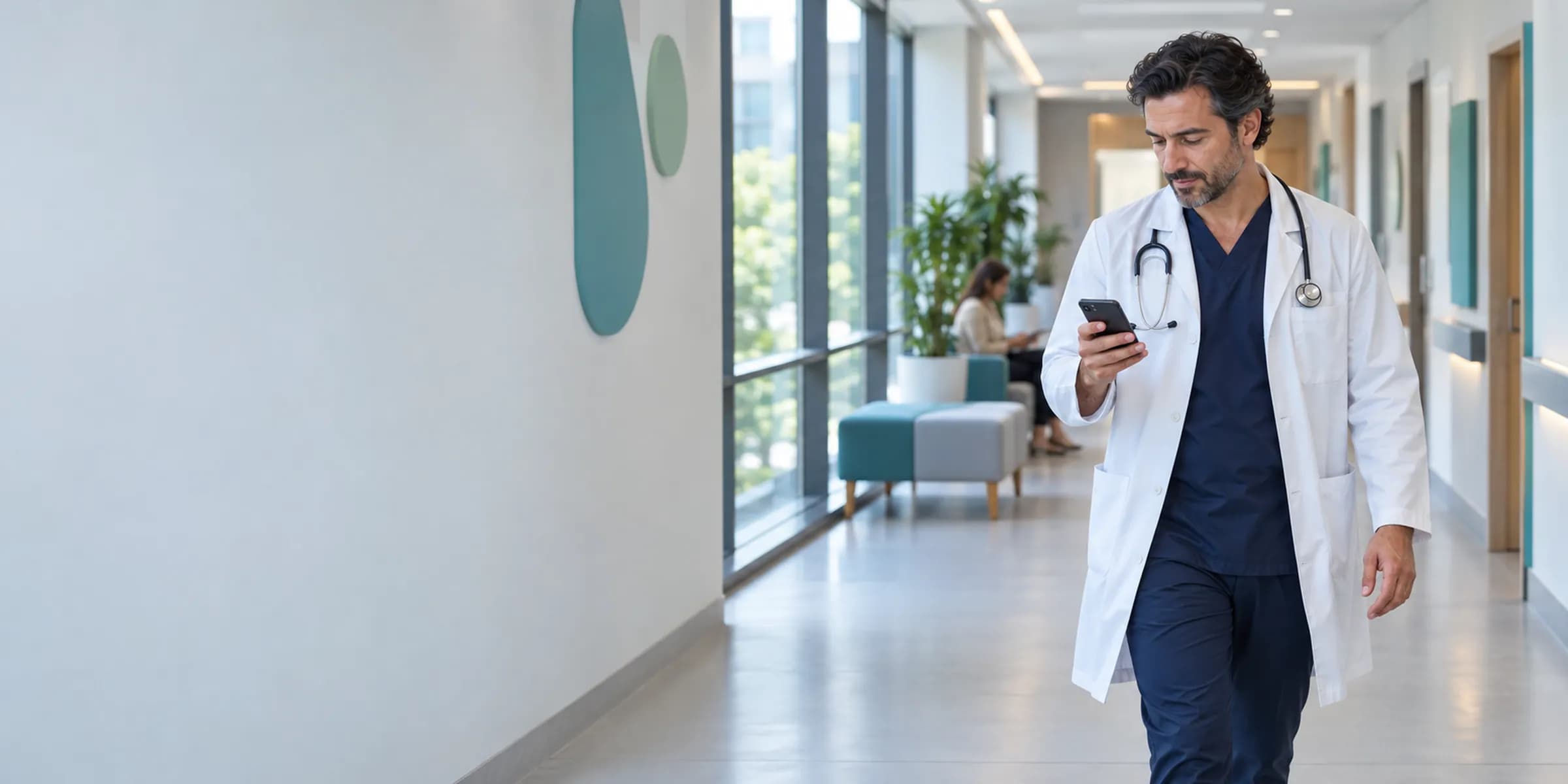 Klinik koridorunda yürürken telefonuna bakan, lacivert üzerine beyaz önlüklü hekim; hareketli çekim.