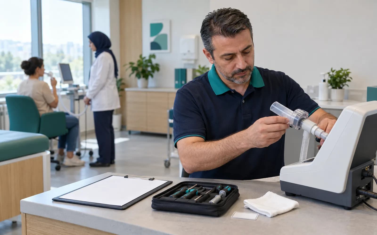 Teknisyen, klinik tezgâhında spirometre kalibrasyonu yaparken bakım kontrol listesine bakıyor