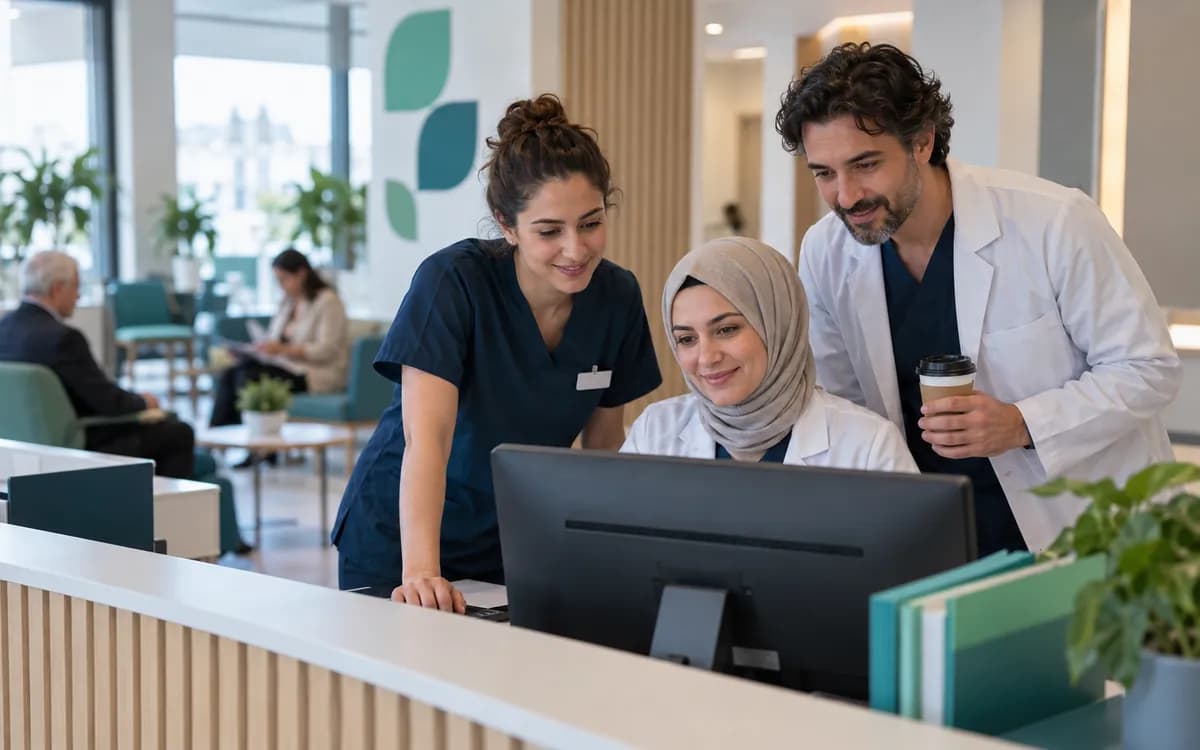 Açılış sabahı resepsiyon monitörü etrafında toplanan üç kişilik klinik ekibi
