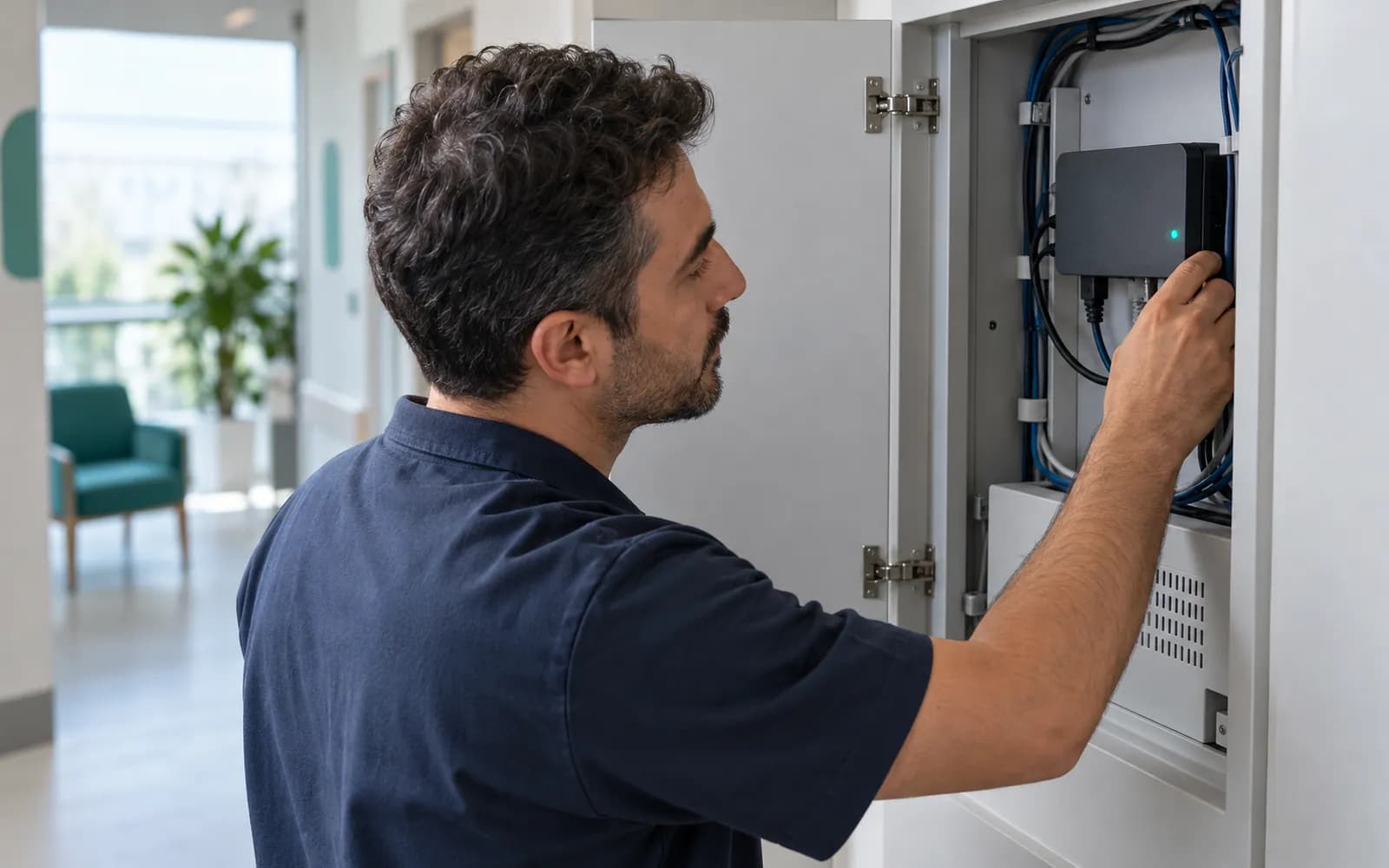 Kliniğin teknik dolabında düzenli kablolarla monte edilmiş, tek yeşil durum ışıklı küçük cihaz.