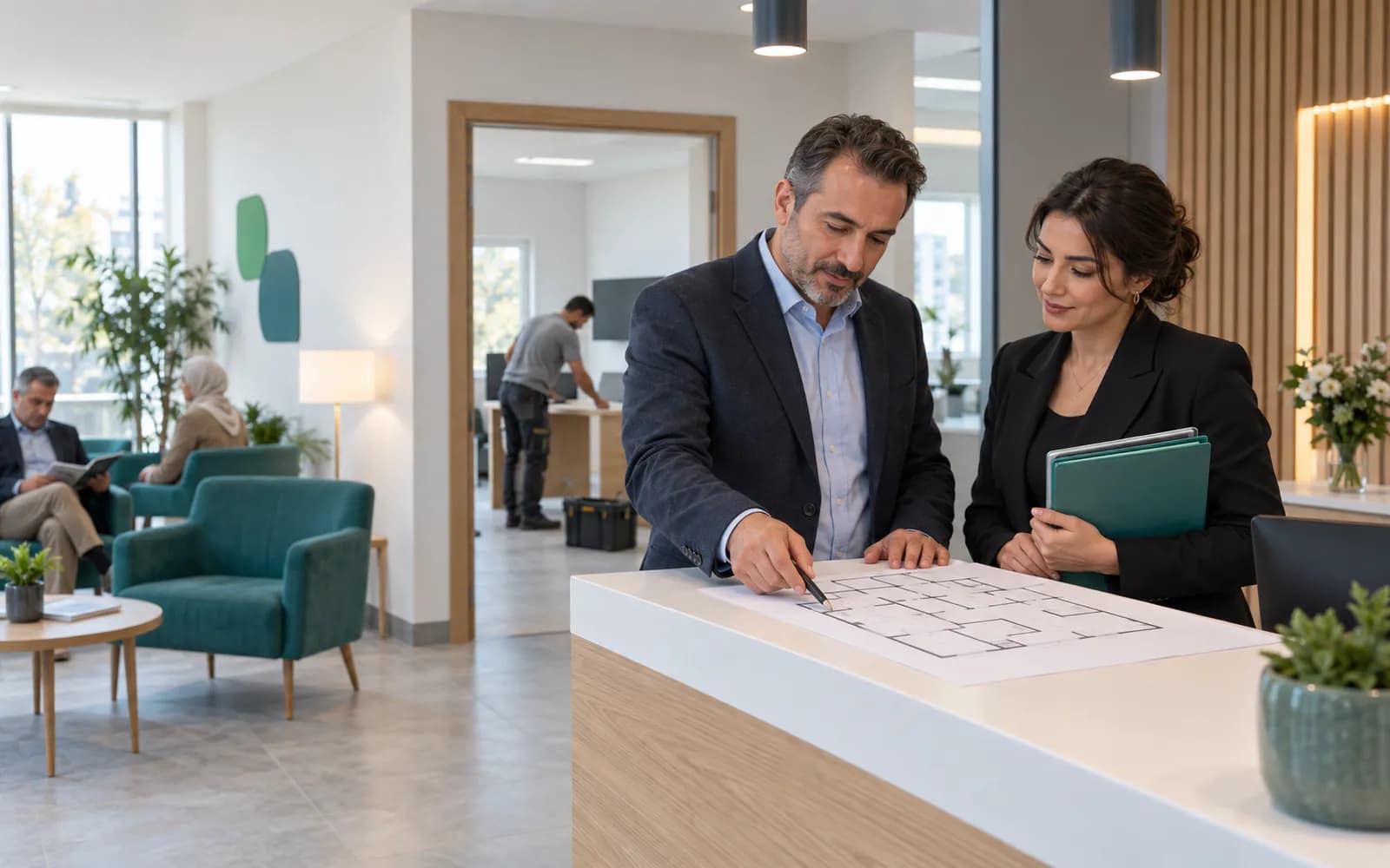 Resepsiyon tezgâhında basılı bir planı birlikte inceleyen klinik sahibi ve yönetici