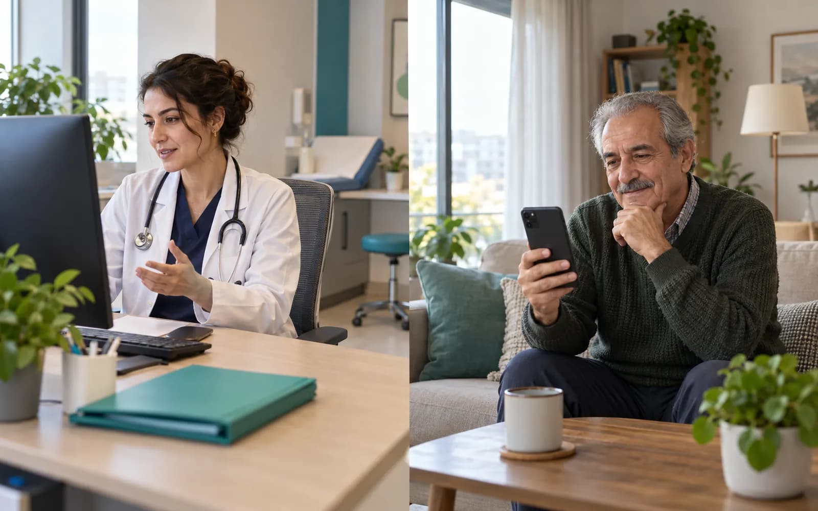 Solda klinik monitöründeki hekim, sağda evinde telefonla hasta; ikisini ışık çizgisi bağlıyor