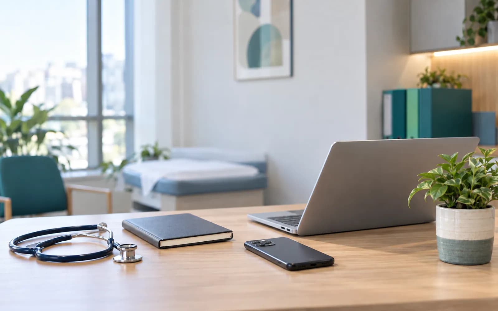 Steteskop, kapalı defter, telefon ve küçük bitkiyle sabah ışığında doktor masası