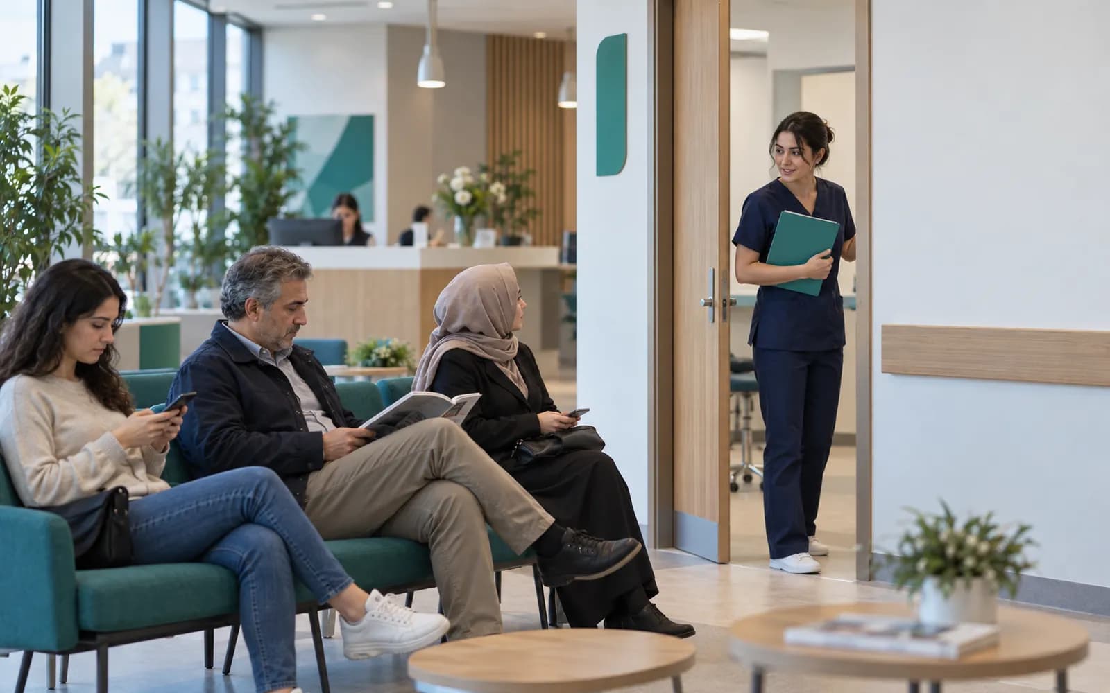Bekleme salonunda oturan hastalar ve kapıdan sıradaki hastayı çağıran hemşire