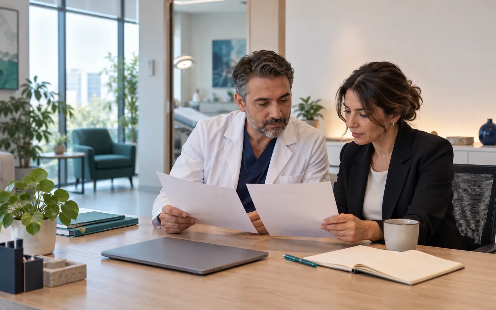 Klinik sahibi ve yöneticisi masada iki programı basılı kâğıtlar üzerinden karşılaştırıyor